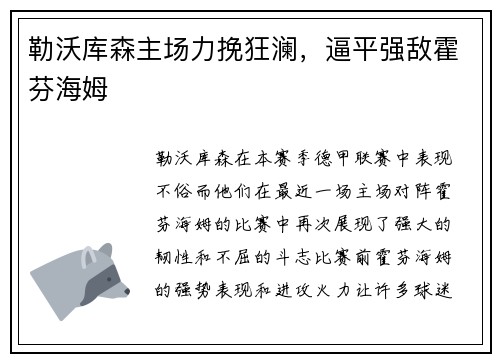勒沃库森主场力挽狂澜,逼平强敌霍芬海姆